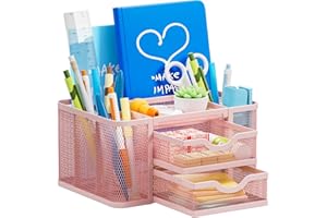 Marbrasse Organizer Scrivania,Multifunzionale Porta Penne da Scrivania,5 Comparti Rete Portaoggetti 2 Cassetti,Portapenne Scrivania,Portapenne per Casa Ufficio(Rosa)