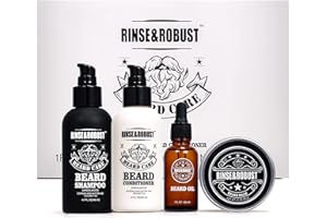 Rinse & Robust Bartpflege Set für Männer - mit Bartbalsam, Bartöl, Bartshampoo und Bartspülung, Bart Pflege Geschenke für Männer Sandelholz