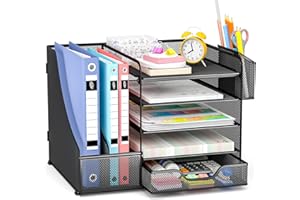 Apritsce Organizador Escritorio con Revistero, 5 Bandeja Escritorio con Cajón y Portalápices, Multifuncional Organizador Documentos para Oficina Casa
