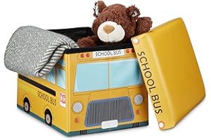 Relaxdays Almacenaje de Juguetes Autobús Escolar, Piel sintética, Amarillo, 32x48x32 cm