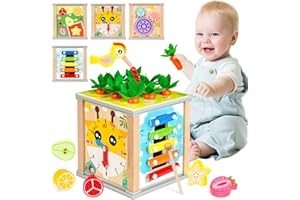 RAINLLON Motorikwürfel Aktivitätswürfel aus Holz 6 in 1 Montessori Spielzeug,Motorikwürfel Holz Baby ab 1 Jahr,Activity Spielzeug Holz Motorikspielzeug Holzspielzeug Lernspielzeug für Klein Kinder Baby