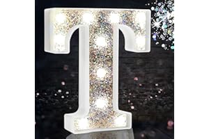 HEYCOLOR LED Marquee Letter Lights, Light Up Silver Letters for Bedroom Glitter Gifts for Teenage Girls Alphabet Letter Sign Battery Powered Night Light Birthday Party Wedding Home Decoration, Silver Letter T
