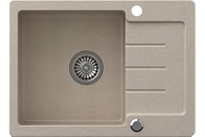 VBChome Évier simple, en granit, beige, 60 x 44 cm, encastrable, réversible, avec siphon