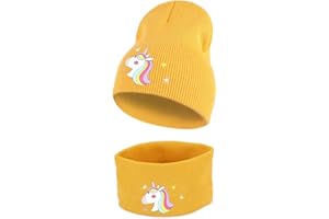 QKURT Girl’s Beanie Hat Snood Set, Winter Thermal Unicorn Hat Neck Gaiter Set Fit for Age of 5~10 Years Old Girls
