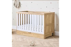 Tutti Bambini Riley 3-in-1 Baby Cot Bed with Drawer 120 x 60 cm, (0-4 years) - 3 modes: Cot, Toddler Bed & Toddler Sofa, Convertible Cot Bed for Baby with 3 Mattress Heights (Oak & White)