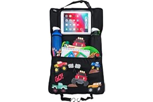 HECKBO 1x car backseat organizer with adjustable tablet pocket for tablets up to 20 inches with touch foil - monster truck - universal fit - incl. thermo pocket + stretch net pocket - washable