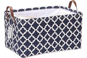 Sea Team Moroccan Pattern Canvas Fabric Storage Basket Collapsible Geometric Design Storage Bin with Drawstring Cover and PU Leather Handles, 16.5 by 11.8 inches, Waterproof Inner