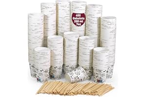 GOBECUPS 400 Gobelets Jetables de 200 ml / 7 oz en Carton Blanc avec Agitateurs en Bois, Parfaits pour Café et Autres Boissons, verres jetables