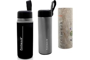 Freiwerk Termos podróżny, skórzany pasek, ze stali nierdzewnej, kubek 350 ml, podwójne ścianki, kubek do kawy ze szczotkowanej stali nierdzewnej, szary