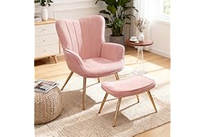 FiveWillowise Ohrensessel, Sessel mit Hocker, Relaxsessel mit Fußstütze, Armsessel, Armlehnstuhl, Loungesessel, Fernsehsessel für Wohnzimmer, Schlafzimmer, Samtoptik, Rosa