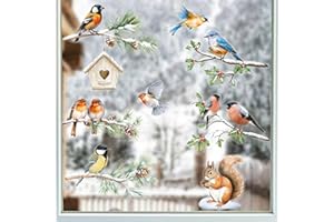 BETESSIN Fensterbilder Winter Vögel - 6 Bögen Weihnachten Fensterbilder Selbstklebend - Statisch Haftende Fensteraufkleber - Wiederverwendbare Fensterdeko für Winter und Weihnachten