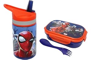 SRV HUB Rechteckige Kinder-Lunchbox mit Göffel |Tritan ungiftige Kunststoff-Trinkflasche (400 ml)mit auslaufsicherem Klappverschluss,BPA-freie Flasche und Lunchbox für Kinder im Alter von 3–7Jahren(Spiderman)