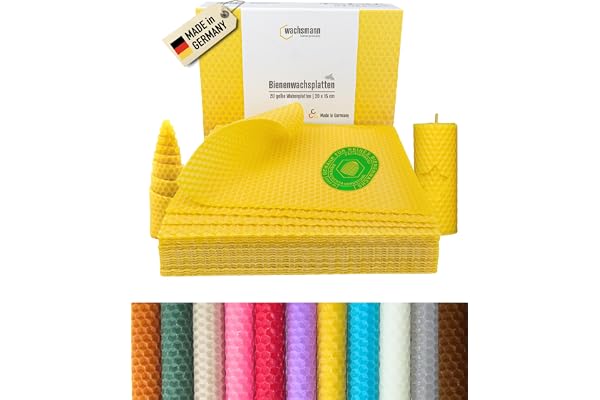 Wachsmann cire d'abeille pure - grand assortiment de couleurs - d'Allemagne, 20 plaques 20 x 15 cm, parfum de miel, DIY faire soi-même des bougies - jaune