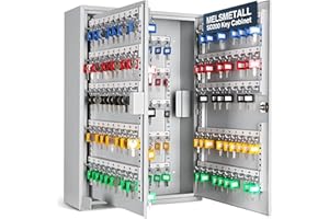 ‎MELSMETALL Melsmetall Schlüsselkasten SD200 – Schlüsselschrank mit 200 Haken, robuste Schlüsselbox aus Stahl, abschließbarer Safe, magnetische Außenseite, höhenverstellbare Leisten, Wandmontage (55x38x14cm)