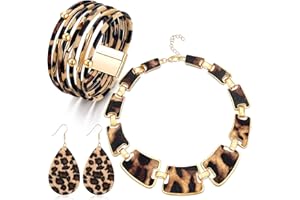 Junkin 3 Pieces Bohemia Leopard Jewelry Set Multilayer Leather Cuff Bracelet Leopard Print Earrings Leopard Print Necklace Collar Bib for Women, PU leather and alloy, jewelry sets