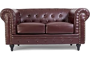 Bravich Leather Chesterfield Sofa- Brown. 2 Seater Settee, Faux Bonded Leather Vintage Couch. Living Room Furniture, Easy Clean. 2 Seater- 160cm x 90cm x 78cm