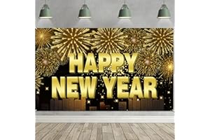 HOWAF New Years Eve Decorations 2026 Banner, Large Happy New Year Banner Backdrop Wall Fabric Background Photo Booth Props for NYE Party Decorations 2026, 185 x 110 cm, Black Gold