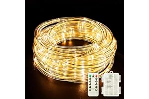KINGCOO 200LED Battery Operated Rope Lights, Waterproof 20M 8Modes Copper Wire Strip Tube Hanging Fairy Lights Remote Timer for Indoor Outdoor Garden Wedding Party Christmas Decoration(Warm White)