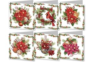 Lebartm 6Pcs DIY Greeting Card Diamond Art Painting Creative Design Thank You Cards Blessing Gift Folding Greeting Card Set for Birthday Christmas Crafts Gift-Poinsettia