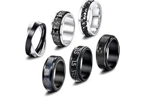 CASSIECA 6/8 Pcs Bagues Spinner Acier Inoxydable pour Homme Femme Noir Fidget Band Anneau Ensemble Anti Anxiété Bijoux Cool Chaîne Vague Croix Spinner Bande Anneaux