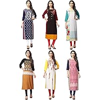 1 Stop Fashion Women's Multi-Coloured Crepe Knee Long W Style Kurtas/Kurti Combo (Set of 6)