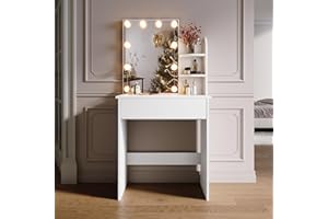 SONNI Toeletta Trucco, comò con Cassetti con Lampadine LED a 3 colori, Toeletta da Trucco Salvaspazio(70x40x140cm-Bianco LED)