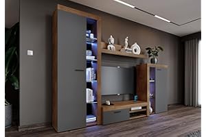 Furnix Wohnwand RIVAY Mediawand Grau Wohnzimmer 4-TLG Komplett-Set LED - TV Lowboard, Highboard Vitrine, Wandregal - Modern Freistehend - B270 x H190 x T40,2 cm, Farbe Lefkas Eiche/Graphit
