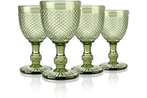 Joeyan Set de 4 Copas de Vino Vintage Verdes, 270ml Copas de Vidrio con Relieve Elegantes, Juego de Copas Vino Colores Retro con Pie,para Lavavajillas,para Fiesta Boda o Bautizo