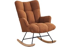 XH.Easy Go Rocking Chair Nursery Teddy Upholstered Glider Rocking Accent Chairs Padded Seat with Rubber Wood Legs Armchair Comfy Side Chair for Living Room Bedroom Offices (Brown)
