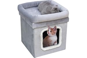 HomeHarmony® Cat Pet House Foldable Easy To Assemble Velvet Pet Kennel Bed Cosy Soft Warm Comfortable With Lid Size 38cm x 38cm x 40cm (Silver)
