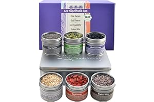 ‎DIRECT&FRIENDLY Bio Superfood Geschenkset | Aronia, Chia, Goji, Kakao Nibs, Granatapfel und Moringa | 6 Dosen plus 1 Geschenkdose | direct&friendly