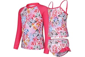 Jolikley Girls Swimming Costume 3-Piece Rash Guards Set Kids Girls Swimsuit Long Sleeve Bathing Suits Rash Vest and Shorts Girls Tankini Swim Suit Summer Beach Swimwear Kids Wetsuit 3-12 Years