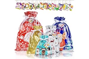 AUERVO 15-Piece Christmas Drawstring Gift Bags with Tags, 5 Designs, 4 Sizes - X-Large, Large, Medium, Small - Holiday Present Goody Bags for Xmas Party