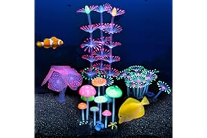 Filhome Glowing Fish Tank Decorations Plants, 4 pcs Glow Aquarium Coral Ornament Decorations Glowing Mushroom Coral Plant Lotus Kelp and Anemone