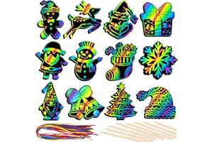 RICEDUO 36 Stück Weihnachten Kratzbilder Set für Kinder, Regenbogen Weihnachten Kratzpapier Bastelset mit hölzernen Stöcken, Weihnachtsschmuck für Kinder Party Bevorzugung Supplies