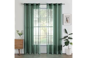 Woaboy Voile Gardinen Vorhänge Transparent Wohnzimmer mit Ösen Stores Gardinen Schlafzimmer Ösenvorhang Scheibengardine Schlaufengardinen Modern 2er Set 140x260 cm (B x H) Dunkelgrün