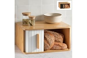 PRAKNU Panera de Madera Grande - Con Puerta Corredera – Panera Bambú FSC® para Guardar el Pan 40 x 28 cm – Ahorra Espacio - Elegante Para Una Frescura Prolongada - Blanco
