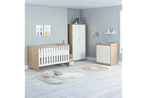 Babymore Veni 3 Piece Nursery Room Set Oak White - 1 Baby Cot Bed & One 2 Door Wardrobe Having Full Size Drawer & 1 Chest Changer, Wooden Chest Of Drawer Storage Cabinet | 3 Piece Room Set Oak White