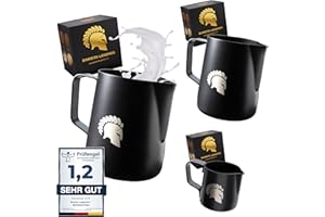 Barista Legends® Juego de Jarra de Leche Negra [100 ml + 350 ml + 600 ml] - Con Revestimiento de Teflón - Acero Inoxidable - Accesorios Barista