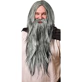 Dark Grey Wizard Wig Set with Dark Grey Beard for Men and Women Wizard Gandalf Merlin Carnival