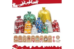 PABBEU Christmas Gift Bags 52Pcs Christmas Drawstring Gift Bags Xmas Bags for Gifts Assorted Sizes with Ribbon Ties and Christmas Tags,Drawstring Gift Bags for Wrapping Christmas Gift
