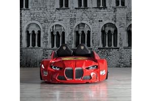 ark future Racing Car Bed for Kids – Single Car Bed with LED Lights, Leather Cushioning, Remote-Controlled Lights & Sounds (Red)