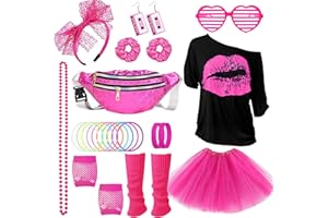 BEAMELY 26PCS Deguisement Annee 80s Accessoire, Tenue de Soirée Disco Néon des Années 90s, T-shirt, Tutu, Bracelet, Sac Banane, Lunette, Bracelet, Colliers, Jambières, Tenu Année Thème Soirée Carnaval Femme