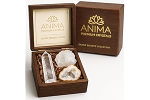 ‎ANIMA Anima Premium Bergkristall Set – Turm, Rohstein & Cluster in Eleganter Holzbox – Energieverstärker für Klarheit, Fokus & Heilung – Geschenk für Spirituelle Frauen mit Exklusiver Infokarte