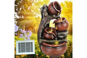 AMUR Solar Gartenbrunnen, Brunnen, Solarbrunnen Zierbrunnen Wasserfall Gartenleuchte Teichpumpe für Terrasse, Balkon mit Akku