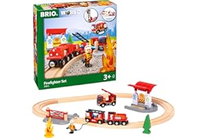 RAVENSBURGER BRIO World 33815 Feuerwehr-Set - Holzeisenbahn-Set inklusive Feuerwehr-Auto mit Licht und Sound - Empfohlen für Kinder ab 3 Jahren