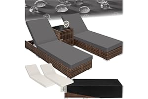 TecTake® 3PC Rattan Sun Lounger with Aluminium Frame, Garden Furniture Set with 2 Loungers, Including Side Table, Cushions and 2 Cover Sets, 5-level Reclining Garden Chair - brown