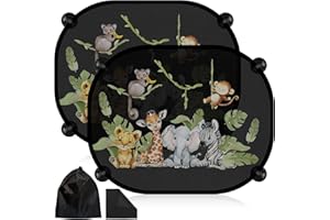 RYMALL Sonnenschutz Auto Baby mit UV Schutz, Sonnenschutz Auto 2 Stück 45x36.5 cm Saugnapf Sonnenblende Kinder Auto Fenster Sonnenschutz mit Süßen Tier Motiven-Grünlandtiere