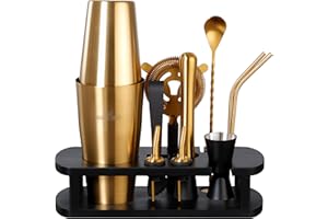 BARMINGO Boston Shaker Cocktail Kit | 11 Pièces, Volume de 825 ML, Noir - Or | Shaker Cocktail INOX avec Support et Accessoires de Bar | Set Barman Cocktail Shaker | Kit Cocktail Professionnel