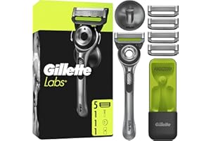 Gillette Labs Rasoir Manuel Homme, Rasage Avec Barre Exfoliante, Manche Réutilisable Et 5 Cartouches De Recharge A 5 Lames, Etui De Voyage Pour Un Rangement Pratique, Support Mural Magnétique